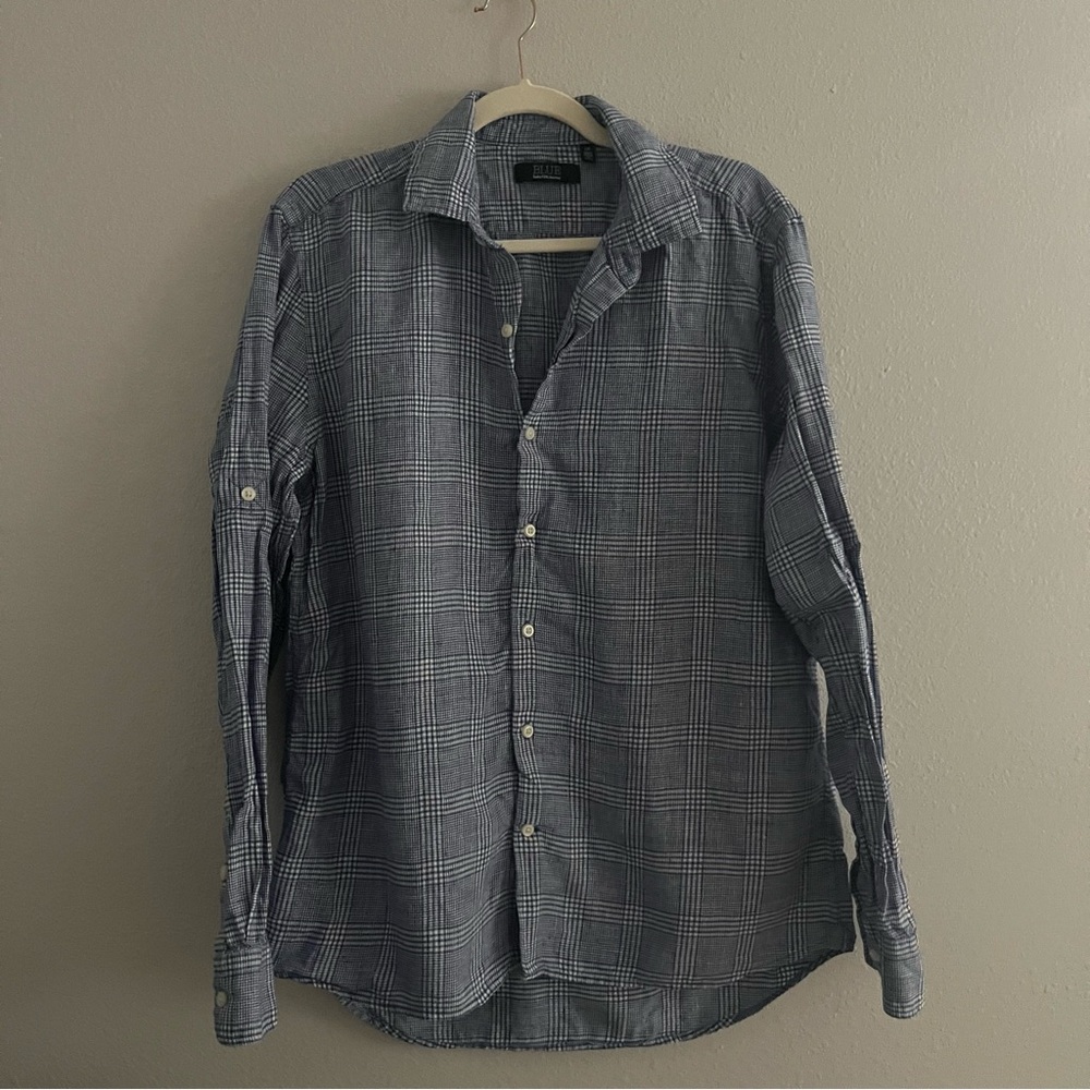 Blue Saks Fifth Avenue Linen Plaid Shirt Size Large